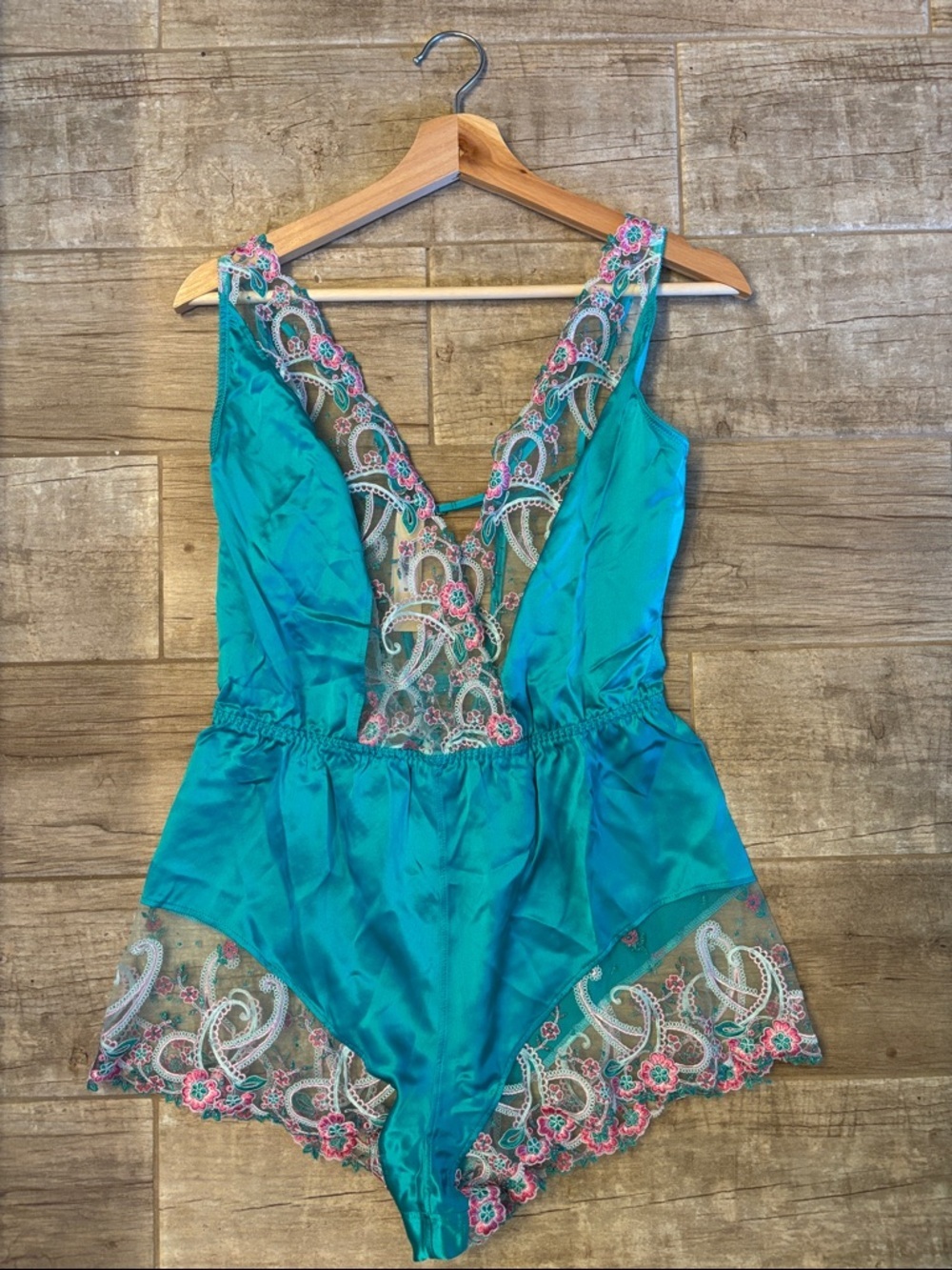 Cosabella Sanika Silk Romper. Teal Lace-Trim Satin. Size M- NWT